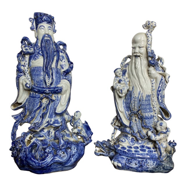 Vintage Chinese Blue & White Figures - Set of 2 For Sale