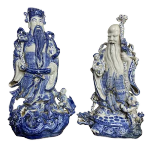 Vintage Chinese Blue & White Figures - Set of 2