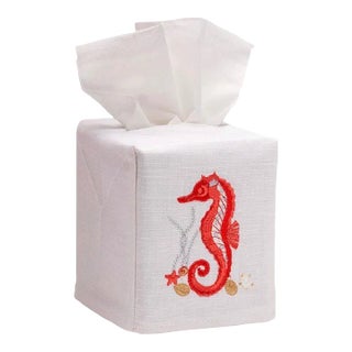 Seahorse and Shells, Coral Tissue Box Cover in White Linen & Cotton,Embroidered For Sale