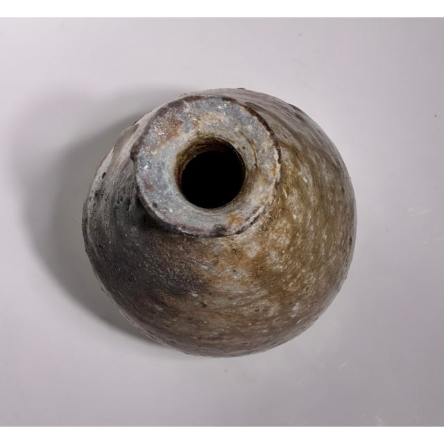 Greige Vintage Studio Art Pottery Bud Vase, Shell-Impressed Wabi Sabi Ceramic, Earth Tone Organic Form, 5” For Sale - Image 8 of 8