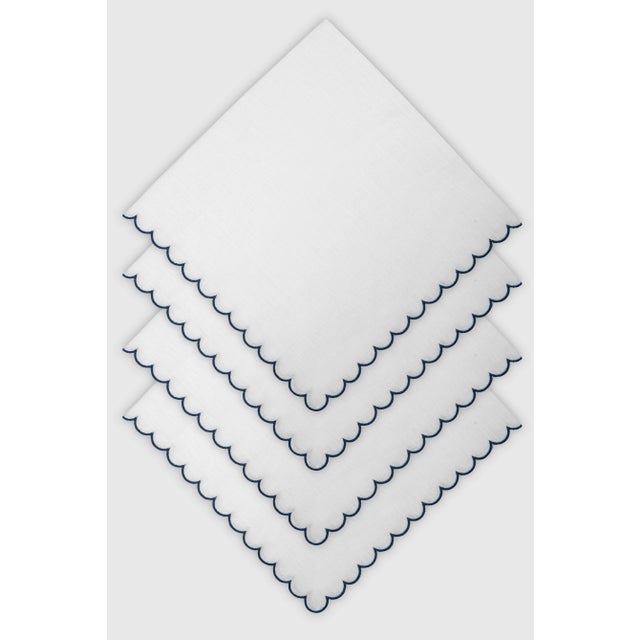 BILBAO White/Navy Embroidered Linen Napkin from Los Encajeros For Sale - Image 4 of 4