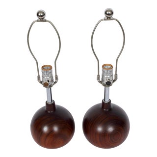 1970's Solid Staved Deep Teak "Onion" Table Lamps - A Pair For Sale