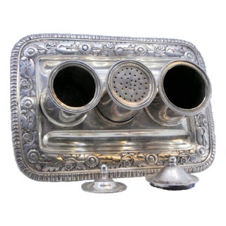 Silver Inkwell with Three Containers and Chiseled Tray on Support with Four Zoomorphic Feet For Sale