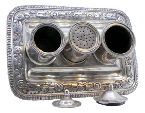 Silver Inkwell with Three Containers and Chiseled Tray on Support with Four Zoomorphic Feet