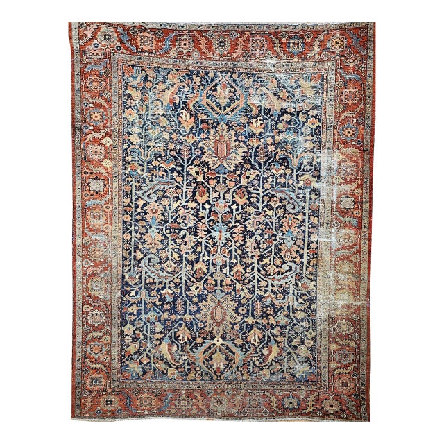 Antique Heriz Serapi Rug, Hand-Knotted Wool, Allover Tree of Life Pattern, Blue & Brick-Red, 9x12 For Sale
