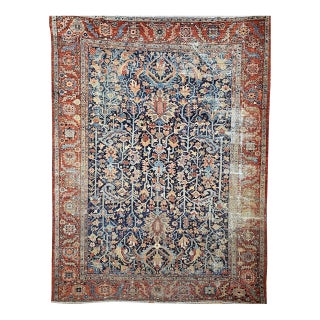 Antique Persian Heriz Serapi Rug, Hand-Knotted Wool, Allover Tree of Life Pattern, Blue & Brick-Red, 9x12 For Sale