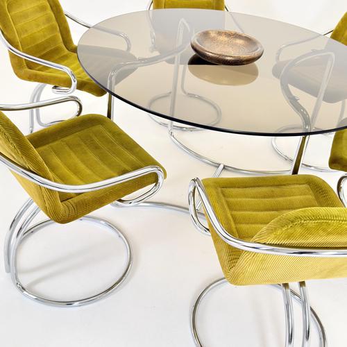 Mid-Century Modern Italian Round Smoked Glass Table and Cantilever Chairs by Gastone Rinaldi, 1970s, Set of 7 For Sale - Image 3 of 18