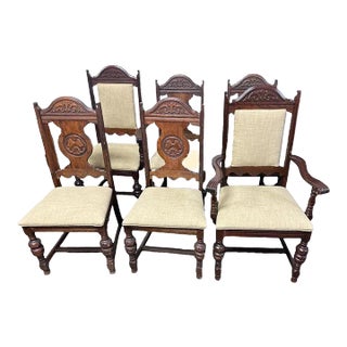 Antique 1920s Spanish Revival Oak Dining Chairs With New Linen Upholstery - Set of 6 For Sale