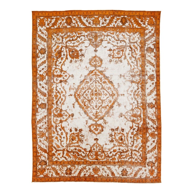Overdyed Antique Orange Wool Rug With Medallion Motif For Sale