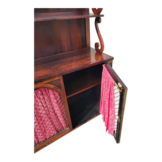 19th C English Regency Rosewood Cabinet Sideboard With Shelves & Brass Grille For Sale - Image 12 of 16