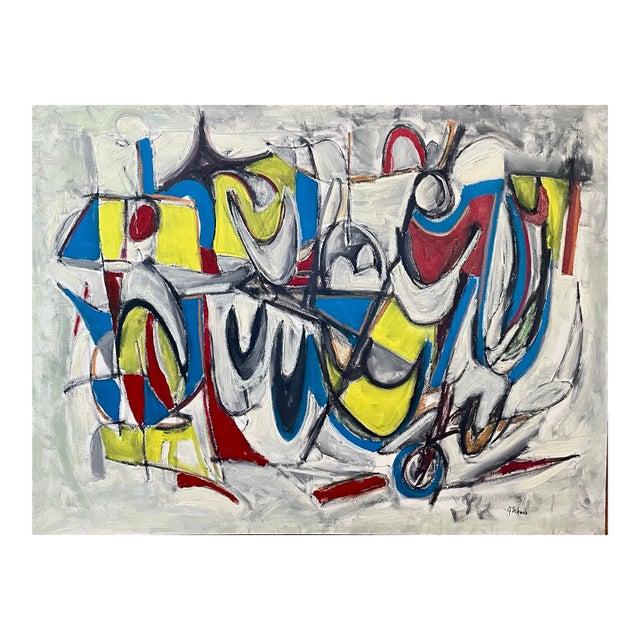 Large Listed John Schwab Original Abstract Expressionist Oil Painting Cubism MCM Kandinsky Style For Sale