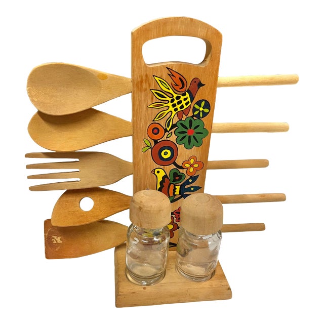 Mid Century Wooden Spoon Holder with Salt & Pepper Set -8 Pieces For Sale