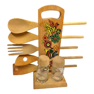 Mid Century Wooden Spoon Holder with Salt & Pepper Set -8 Pieces