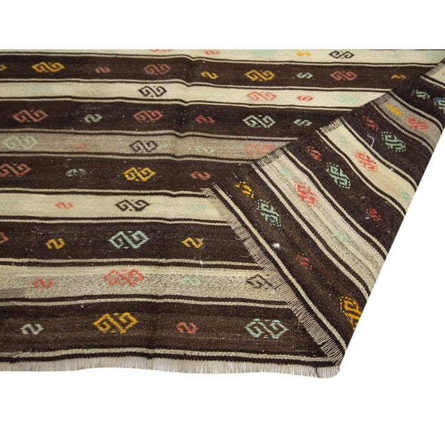 Mid 20th Century Brown & Ivory Vintage Striped Kilim Rug For Sale - Image 5 of 7