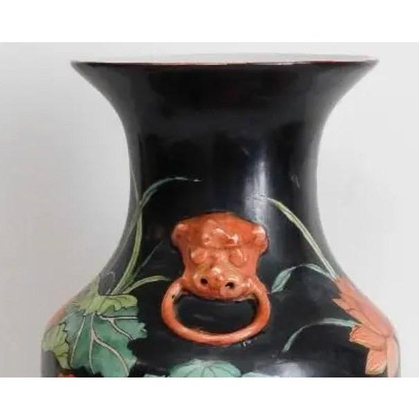 Vintage Mid-Century Chinese Famille Noire Baluster Vase Hand Painted Lotus and Koi Fish 14 Inch For Sale - Image 12 of 13