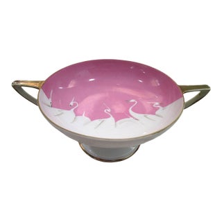Seven Lucky Cranes Pink by Tame and Nakamura Imperial Nippon Art Deco Double Handled Pedestal Soup For Sale