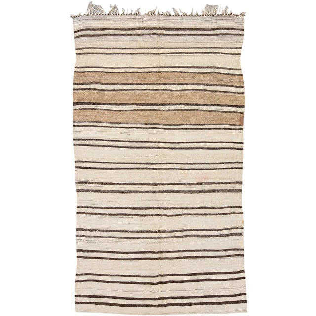 1960s Vintage Turkish Kilim Flatweave Beige Stripes Wool Rug For Sale - Image 10 of 10