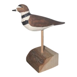 Hand-Carved Killdeer Shorebird Sculpture — Signed Folk Art Wood Carving, 6.5" For Sale