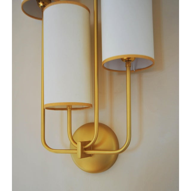 Elevation 4 Wall Sconces in Patinated Gold Metal and White Shades by Aymeric Lefort, Set of 2 For Sale - Image 6 of 18