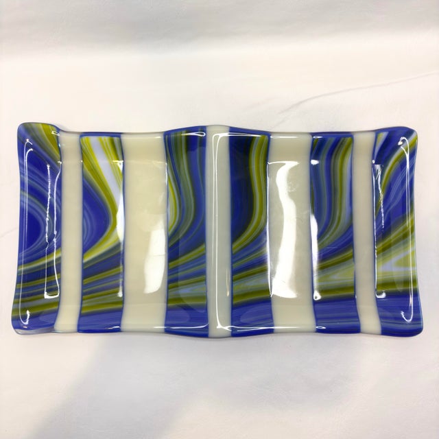Glass Vintage Fused Rectangular Wavy Striped Art Glass Plate Tray For Sale - Image 7 of 12