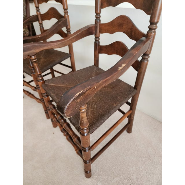 American 1960s Colonial Early American Ladderback Dining Arm Chairs- Set of 2 For Sale - Image 3 of 5
