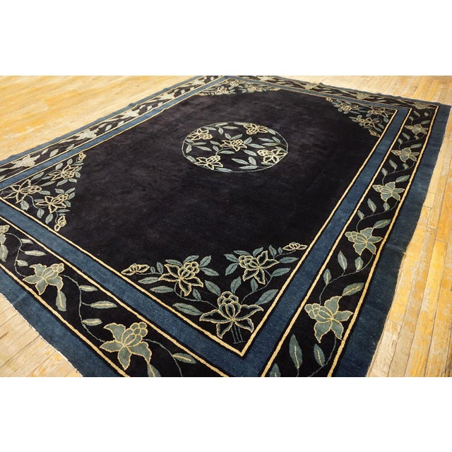 Early 20th Century Splendid Navy Blue Color With Sky Blue Color Florid Design Antique Chinese Peking Rug For Sale - Image 5 of 12