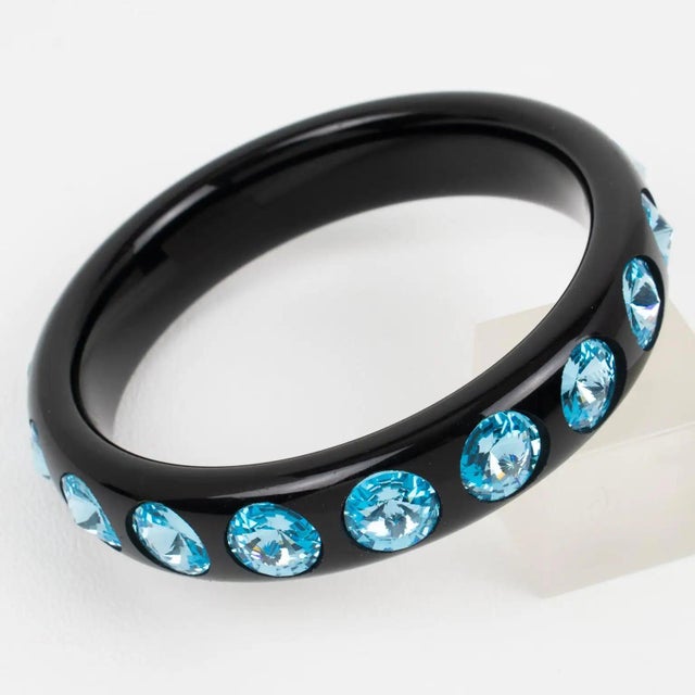 Contemporary Black Resin Bracelet Bangle with Baby Blue Crystal Rhinestones For Sale - Image 3 of 7