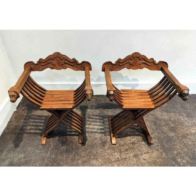 Hollywood Regency Pair of Italian Mid Century Savonarola Lion Head Wood Folding Chairs For Sale - Image 3 of 11
