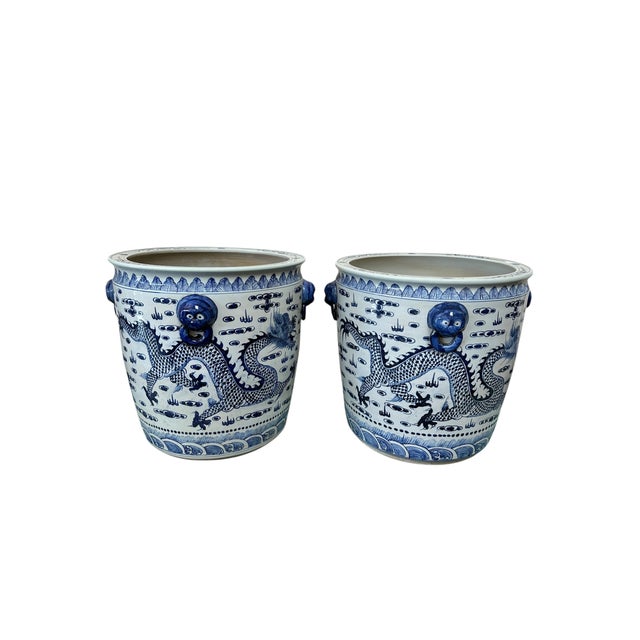 2020s Contemporary Large Chinoiserie Coastal Blue & White Planters - A Pair For Sale - Image 5 of 8