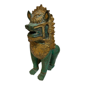 Thai Khmer Bronze Gilt Singha Guardian Lion Sculpture, Mid-20th Century