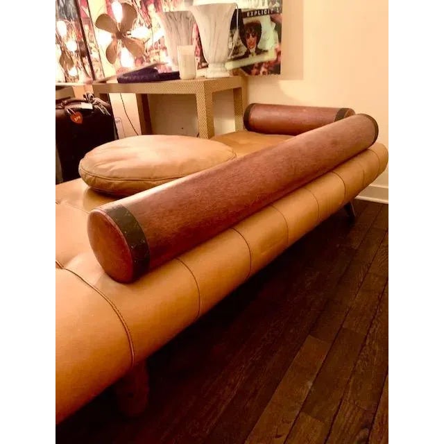 Pacific Green Rare Vintage Postmodern Leather & Palmwood Daybed and Ball Pillow by Pacific Green, C1990s For Sale - Image 4 of 9