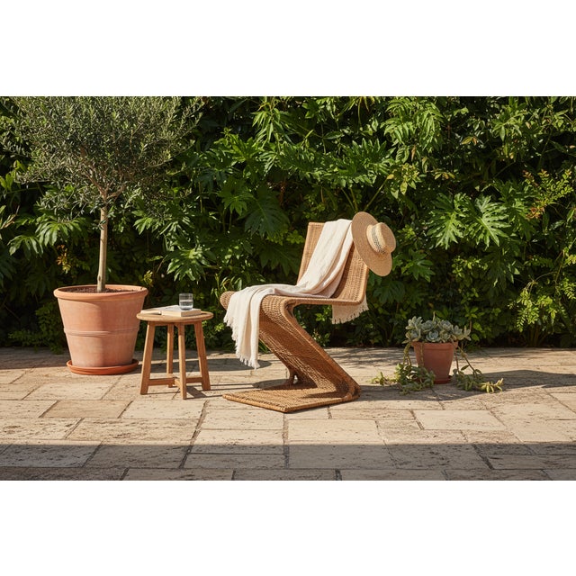 Mid-Century Modern Shaped Oddity Zigzag Chair: Handwoven Rattan & Steel, Modern Design For Sale - Image 3 of 7