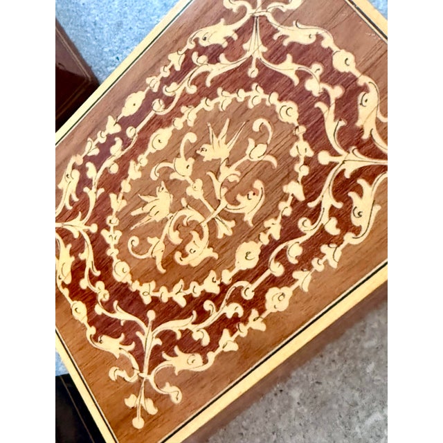 A Trio of Vintage Italian Marquetry Wood Inlay Trinket Boxes With Highly Detailed, Mirror-Image Arabesque Scrolls & Phoenixes For Sale - Image 4 of 12