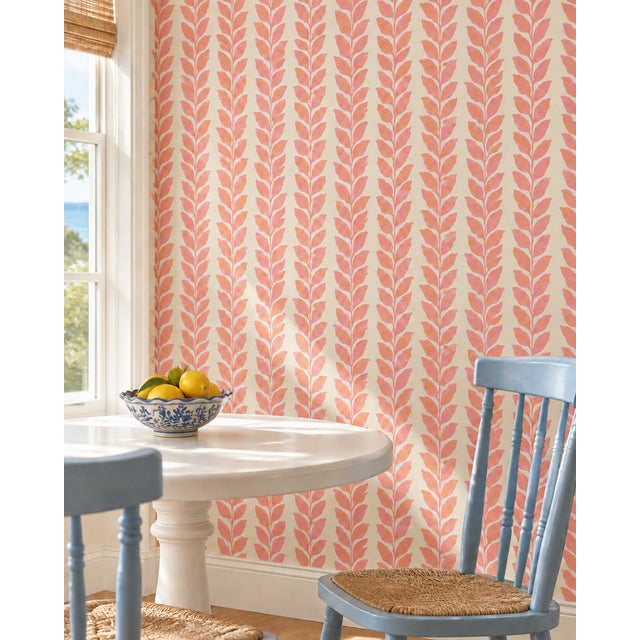 Traditional Garden Leaf Stripe Grasscloth Wallpaper by House Party | Blush Pink & Coral | 6 Yards For Sale - Image 3 of 8