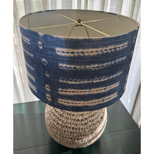South Pacific Cowrie Shell Encrusted Table Lamps Ikat Style Shades - A Pair For Sale - Image 4 of 12