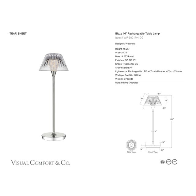 Waterford by Visual Comfort Signature Blaze 16" Rechargeable Table Lamp in Polished Nickel with Clear Crystal Designer:...