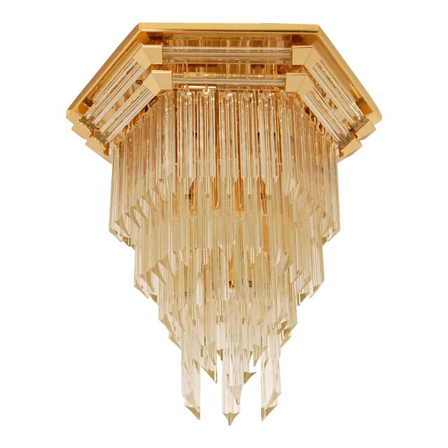 Italian Glass Chandelier Venice Gold Brass Transparent Crystal Venini Modern Tall Murano Glass 5 Tier Chandelier Tariff Free Delivery For Sale