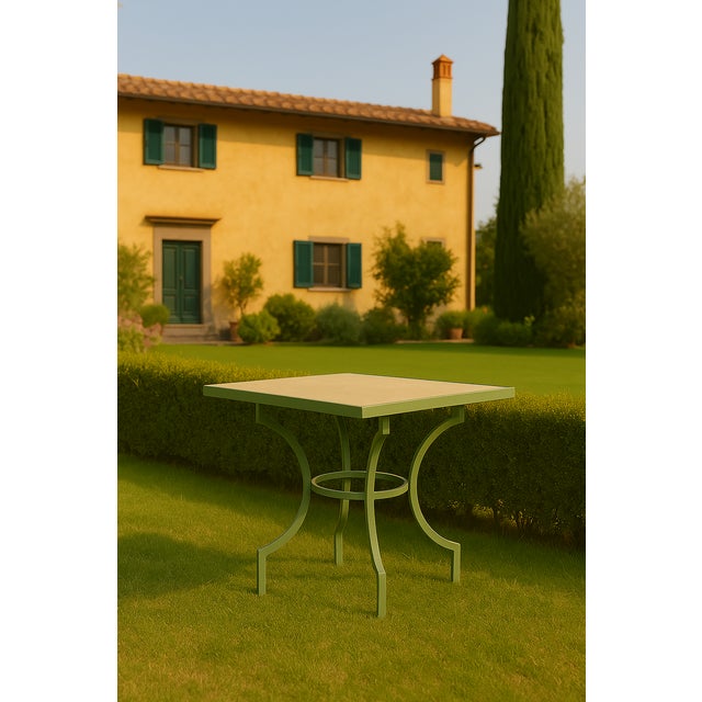 Italian Alnilam Outdoor Table with Travertine Top and Hand-Bent Metal Base For Sale - Image 4 of 5