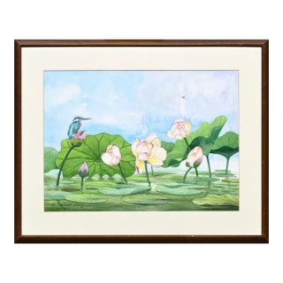 Bird Perched on Water Lilies by David Wang For Sale