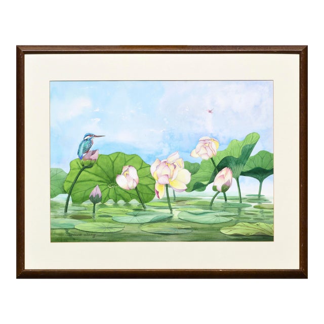 Bird Perched on Water Lilies by David Wang For Sale