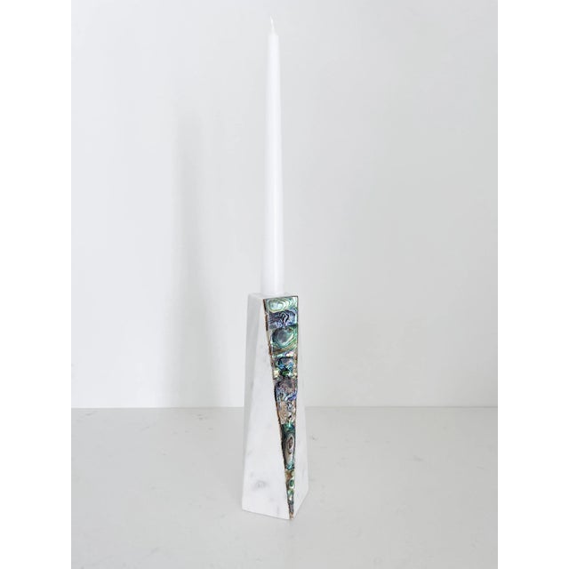 Stone White Marble Rainbow Mother of Pearl Candle Holder - Large For Sale - Image 7 of 12
