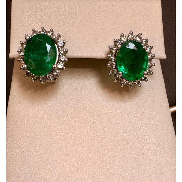 8 Carat Oval Shape Emerald and Diamond Post Back Earrings 14 Karat White Gold For Sale - Image 11 of 18