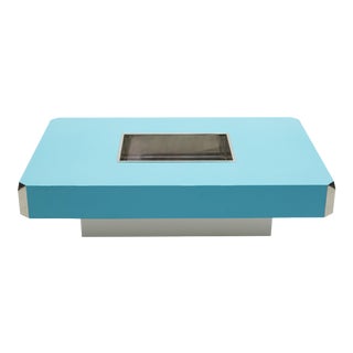 1970s Willy Rizzo Alveo Blue Lacquer and Chrome Bar Coffee Table For Sale