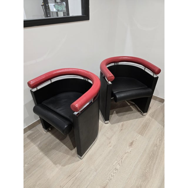 1980s Armchairs in Black and Red Leather Chrome, 1980s, Set of 2 For Sale - Image 5 of 17