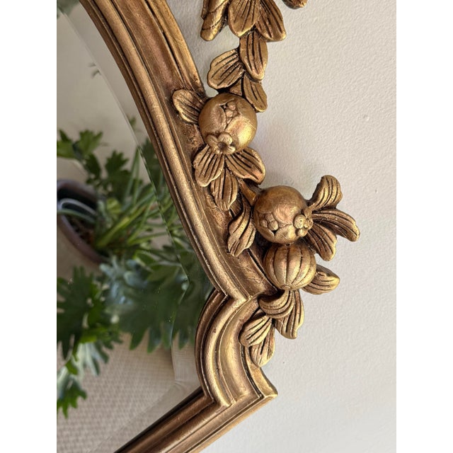 Gold Giltwood Style Beveled Glass Mirror With Pomegranate Fruit Basket Top For Sale - Image 6 of 9