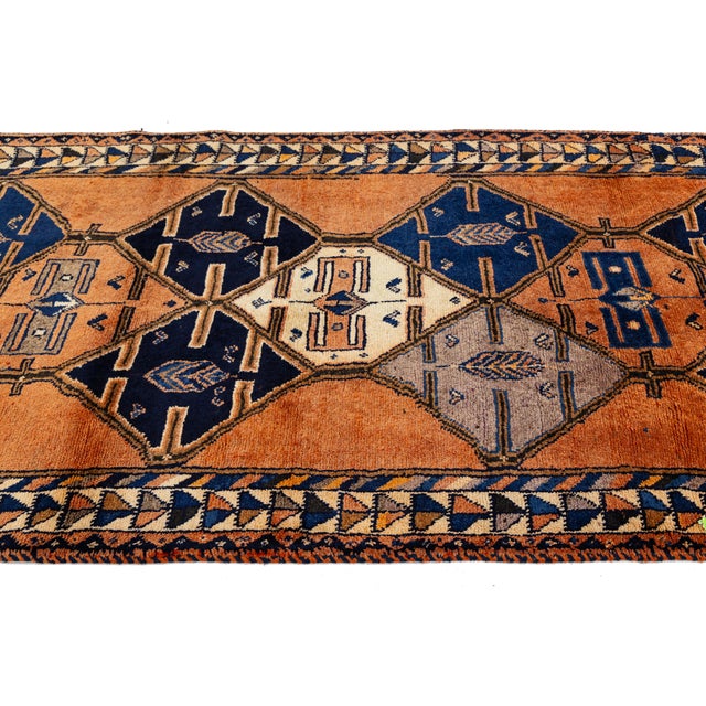 Mid-20th Century Vintage Turkish Oushak Runner Rug With Geometric Medallions in Burnt Orange and Indigo Blue For Sale In New York - Image 6 of 9