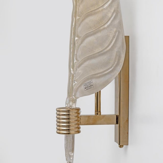 Metal Murano Glass Leaf Wall Sconces with Gold Powder and Brass, Italy, 2000, Set of 2 For Sale - Image 7 of 10