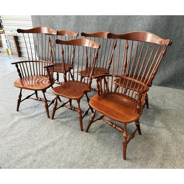 Late 20th Century Set of 6 Frederick Duckloe & Bros. Colonial Reproductions Collection Spindle Back Dining Chairs For Sale - Image 4 of 13