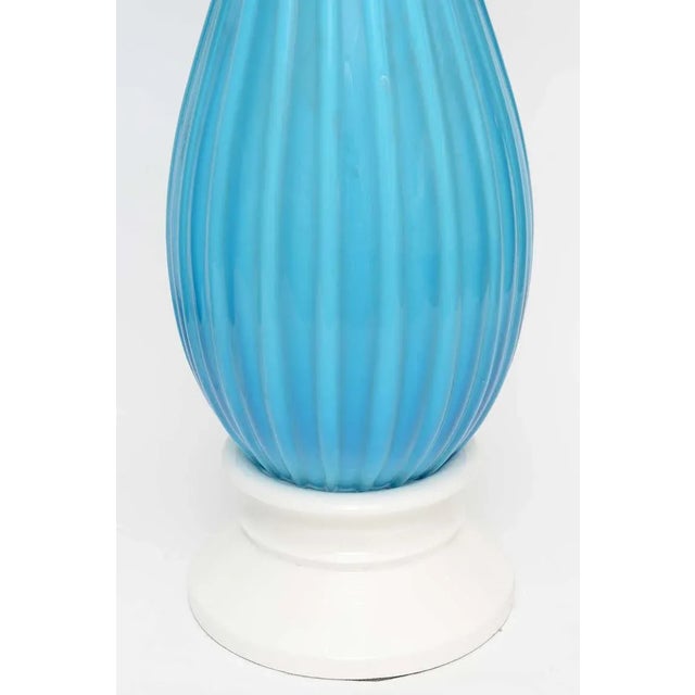 Vintage Murano Marbro Lamp Co. Turquoise Caribbean Sky Blue Ribbed Glass, Nickel Silver and Wood Lamps Pair Of For Sale - Image 10 of 10