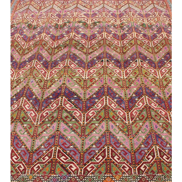 Mid 20th Century Mid 20th Century Colorful Vintage Turkish Embroidered Flat-Weave With All-Over Tribal Design For Sale - Image 5 of 13
